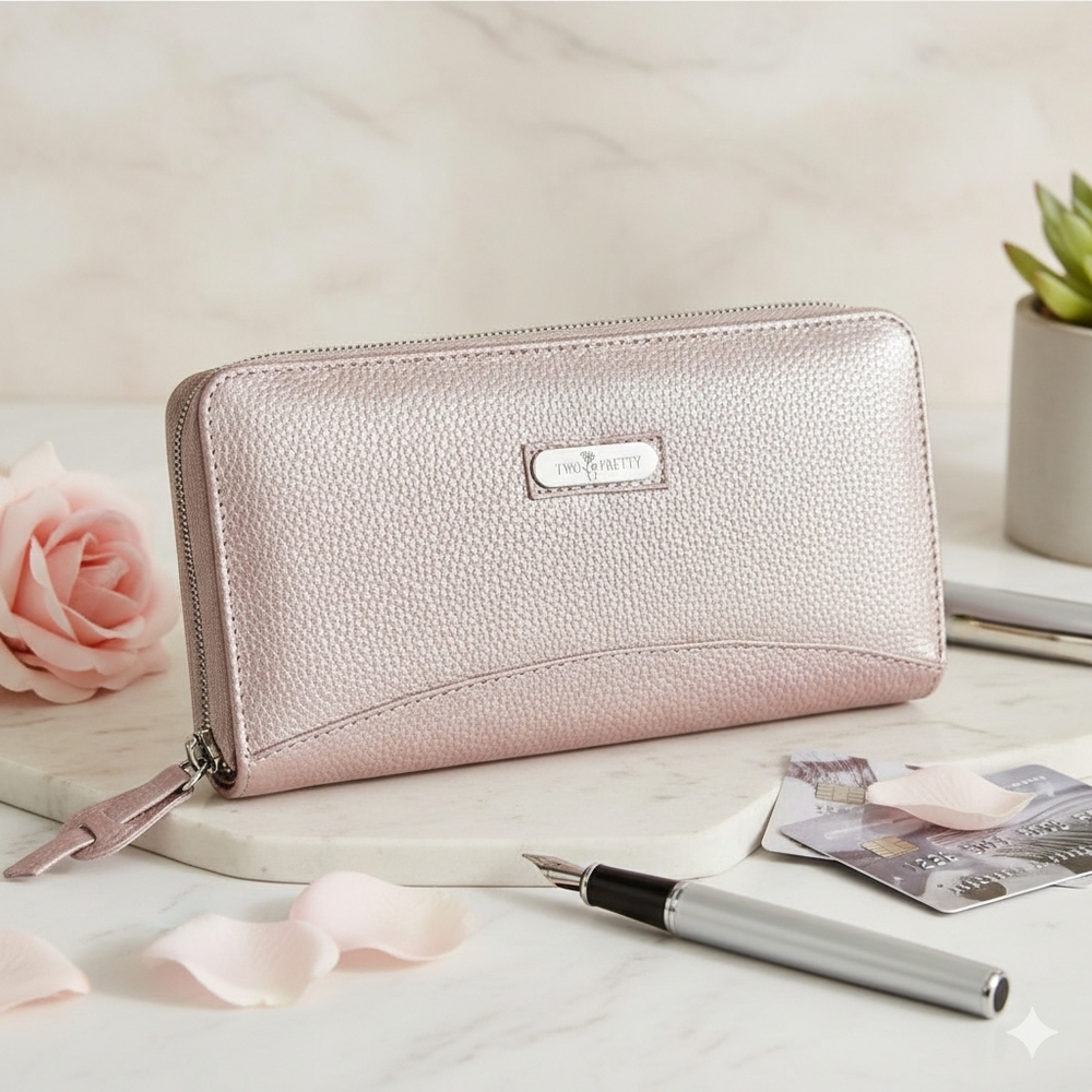 NWT Two Pretty Rose Gold Metallic Leather Zip Around Wallet Handcrafted